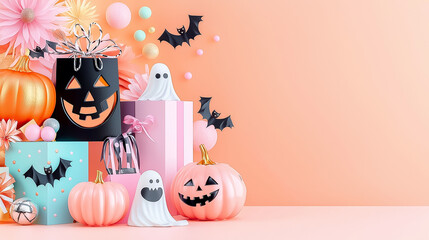 Wall Mural - A vibrant Halloween promotional backdrop featuring colorful pumpkins, playful ghosts, and festive decorations, perfect for inviting a spooky atmosphere during the holiday