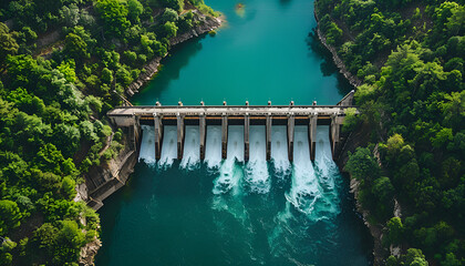 Aerial view of a hydroelectric dam with water flowing through spillways, surrounded by lush greenery, symbolizing renewable energy and sustainable power generation