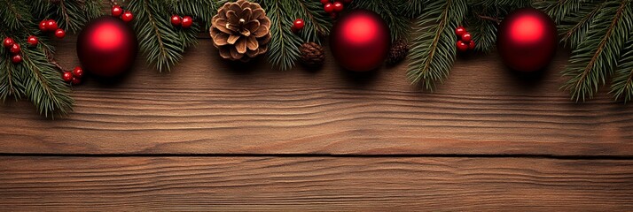 Sticker - Red ornaments and pine branches on wood background.