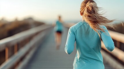 An invigorating image of two women running on a boardwalk in the early morning, demonstrating dedication to fitness and health amidst the beautiful, serene landscape of dawn.