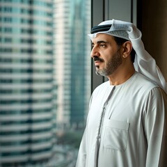 Portrait of Successful arabian Businessman in a modern arabic city looking at the window