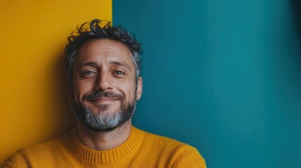 A cheerful man with a beard poses in a yellow sweater against a half-yellow, half-blue background, symbolizing contrast and balance in modern style.