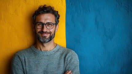 Smiling man with glasses stands against a half-yellow, half-blue textured wall, capturing a blend of modern aesthetics and confidence in simplicity.