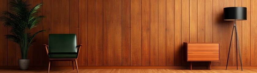 wooden wall with a chair, side table, and lamp.