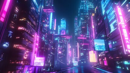 Smart city 3D neon glowing cityscape. Intelligent building automation night futuristic business concept. Web online vivid color cyberpunk retrowave. Urban technology banner vector illustration. 