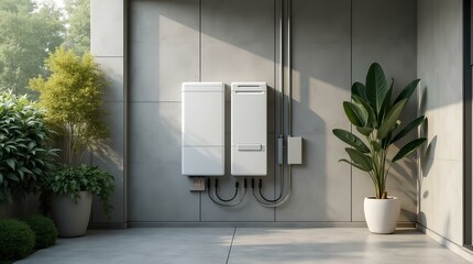 concept of a home battery packs alternative electric energy storage system at modern home garage wal