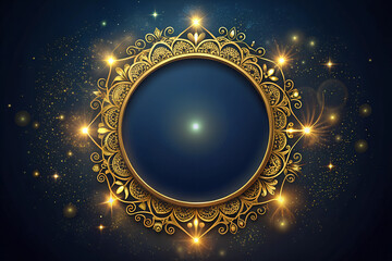 Canvas Print - Gold frame on a dark background. Circle in gold ornament on a dark blue background. Glowing sparks and dots. Place for your text