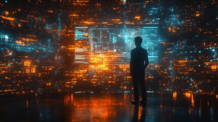 Silhouette of Man Before a Glowing Digital Wall