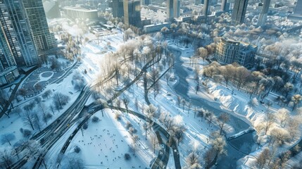 Wall Mural - Aerial View of a City Park in Winter