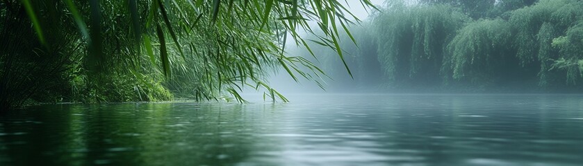 Sticker - Tranquil river scene with lush green foliage