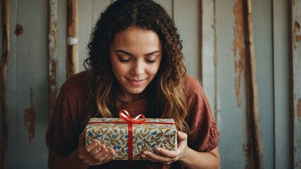 Portrait of a beautiful young woman holding a gift box with a red bow