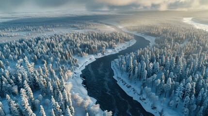 Wall Mural - Aerial View of a Frozen River Winding Through a Snow-Covered Forest