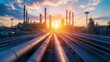 © Boinah - Sunset over industrial landscape with pipelines and refinery structures.
