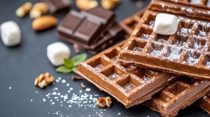 A close-up shot of perfectly square waffles generously garnished with chunks of dark chocolate and marshmallows, accented by a sprinkling of powdered sugar against a black surface.