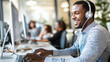 © SMART.art - Smiling customer rep in office wears earphones, talks to customers. Shows positive work culture.