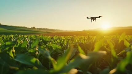 Aerial Farming with Drone at Sunset