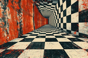 Wall Mural - A black and white checkered floor leading up to a bright red wall