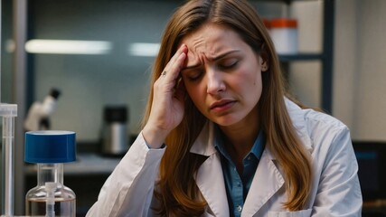 Portrait of tired female scientist in lab coat sitting at desk and looking at camera. Tired young female scientist working in laboratory. Medicine and research concept