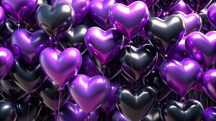Wall Mural - heart-shaped purple and black balloons floating against the sky