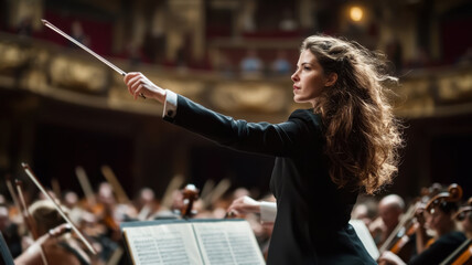 Female Orchestra Conductor Leading the Symphony, Concept Music, Performance, Art