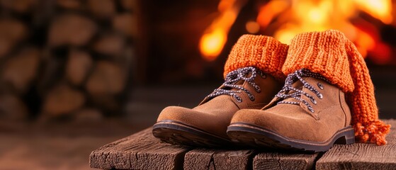 Cozy boots with orange scarf near a warm fireplace on rustic wooden background.