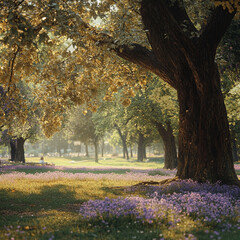 A serene park scene features an old tree surrounded by vibrant purple flowers, bathed in warm sunlight. tranquil atmosphere invites relaxation and reflection