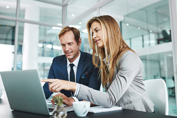 Poster - Man, woman and laptop on office for research, meeting and advice for company growth. People, computer and discussion in workplace for teamwork, brainstorming or budget planning for financial year end
