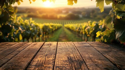 sundrenched wooden table in foreground with blurred french vineyard landscape soft bokeh effect and warm lighting evoke rustic charm