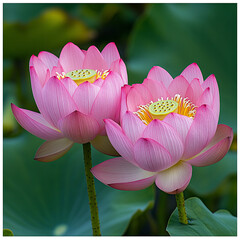 Two pink lotus flowers with yellow stamens and green leaves create serene and tranquil scene, showcasing natures beauty and elegance