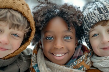 Three happy children of different races, one black girl with curly hair and blue eyes in the center looking into the camera smiling at us