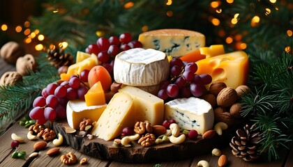 Wall Mural - Cozy holiday cheese platter adorned with seasonal fruits, nuts, and pine branches