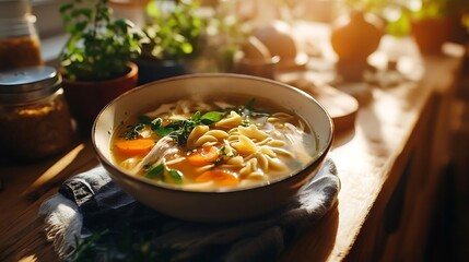 Wall Mural - Homemade Chicken Noodle Soup with Carrots and Herbs