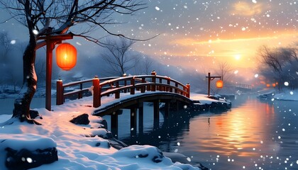 Wall Mural - Tranquil winter landscape featuring softly falling snow, traditional lanterns lighting a wooden bridge at sunset