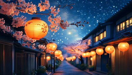 Wall Mural - Tranquil nighttime street adorned with glowing lanterns, blossoming cherry trees, and a starry sky in a classic ambiance