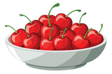 Wall Mural - Bowl of fresh Red cherries, Vector illustration on white background.