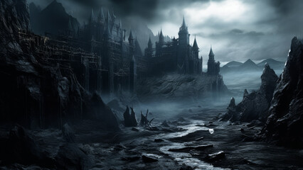 Background for a scary fairy tale background, a dark gothic castle in a dark dead valley, some kind of gray place in a gloomy area of a mountainous region.	