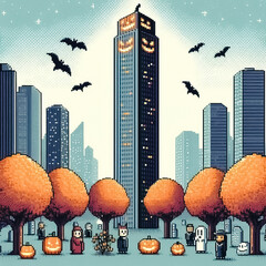 city in the night halloween illustration pixel art style