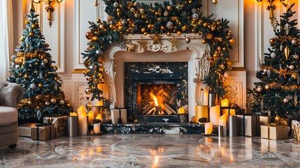 A decor and decoration for christmas and new year christmas arrangement near fireplace christmas background