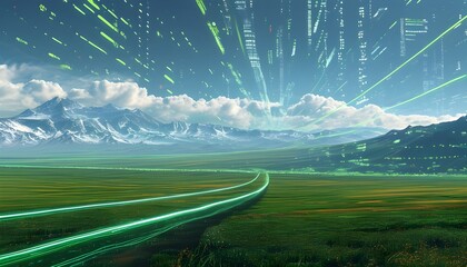 Wall Mural - Neon Green Digital Landscape with Data Streams Flowing Toward Distant Mountains