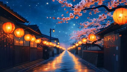 Wall Mural - Tranquil nighttime street adorned with glowing lanterns, blossoming cherry trees, and a starry sky in a classic ambiance