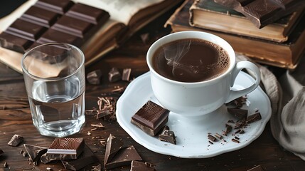 A steaming cup of hot chocolate sits on a saucer next to a glass of water surrounded by books and chocolate shavings on a wooden table