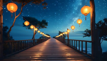 Wall Mural - Tranquil wooden pathway adorned with glowing lanterns, offering a stunning view of a serene sea under a mesmerizing starry sky