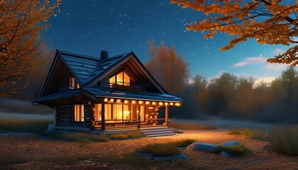 Poster - Serene wooden cabin under a starry sky, warmly lit at night, embraced by vibrant autumn leaves