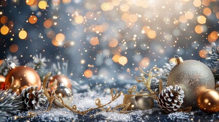 Wall Mural - Against a backdrop of snow and glitter lie fir cones and Christmas decorations. The scene is festive and solemn