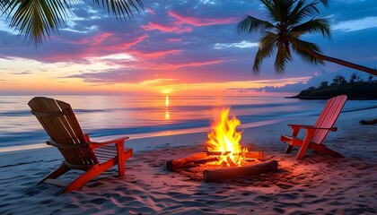 Wall Mural - Serene sunset beach scene featuring cozy chairs, a flickering campfire, and swaying palm trees against a vibrant sky