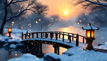 Wall Mural - Tranquil winter landscape featuring softly falling snow, traditional lanterns lighting a wooden bridge at sunset