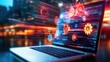 © bteeranan - A futuristic laptop displays dynamic data flows and gears, symbolizing technology, innovation, and digital transformation in a vibrant urban setting.