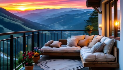 Wall Mural - Cozy balcony sunset overlooking scenic mountains and rolling hills with vibrant sky colors and plush cushions