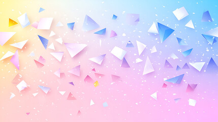 Wall Mural - Colorful abstract triangles floating across a gradient background of pastel blue, pink, and yellow at dawn