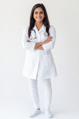 Wall Mural - young Indian female doctor standing on white background